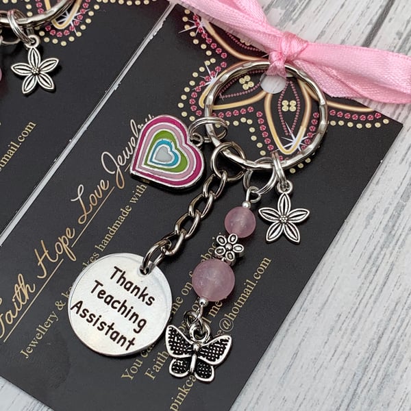 Butterfly Gemstone Rose Quartz THANKS TEACHING ASSISTANT Keyring Teacher Gift 