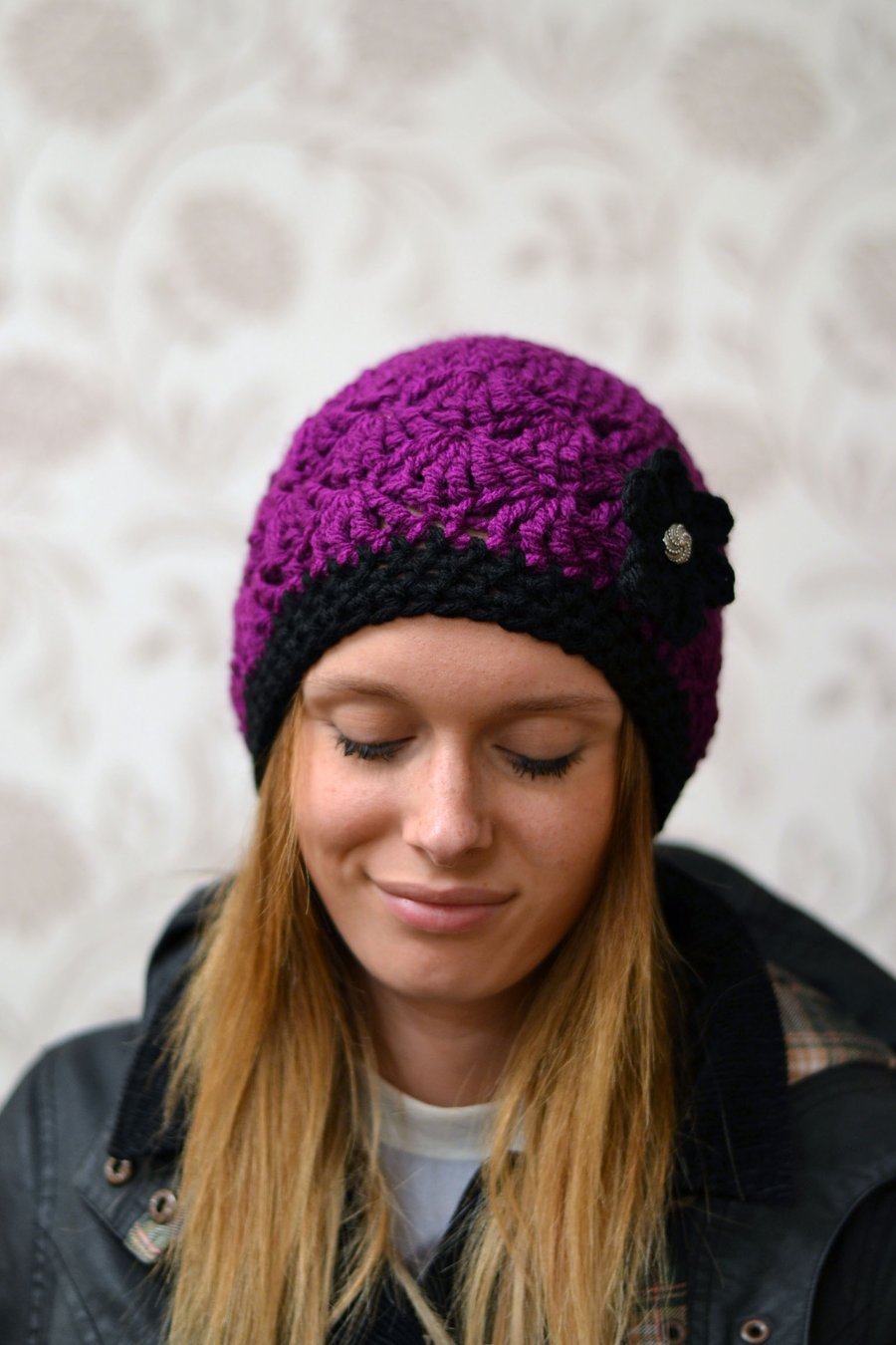 Hat Sale  Womens Purple Beanie Hat, Warm Chunky Hat, Crocheted with Flower