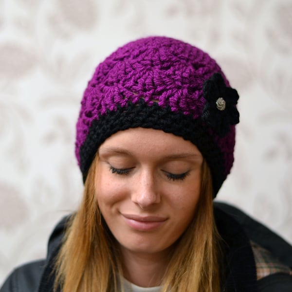 Hat Sale  Womens Purple Beanie Hat, Warm Chunky Hat, Crocheted with Flower