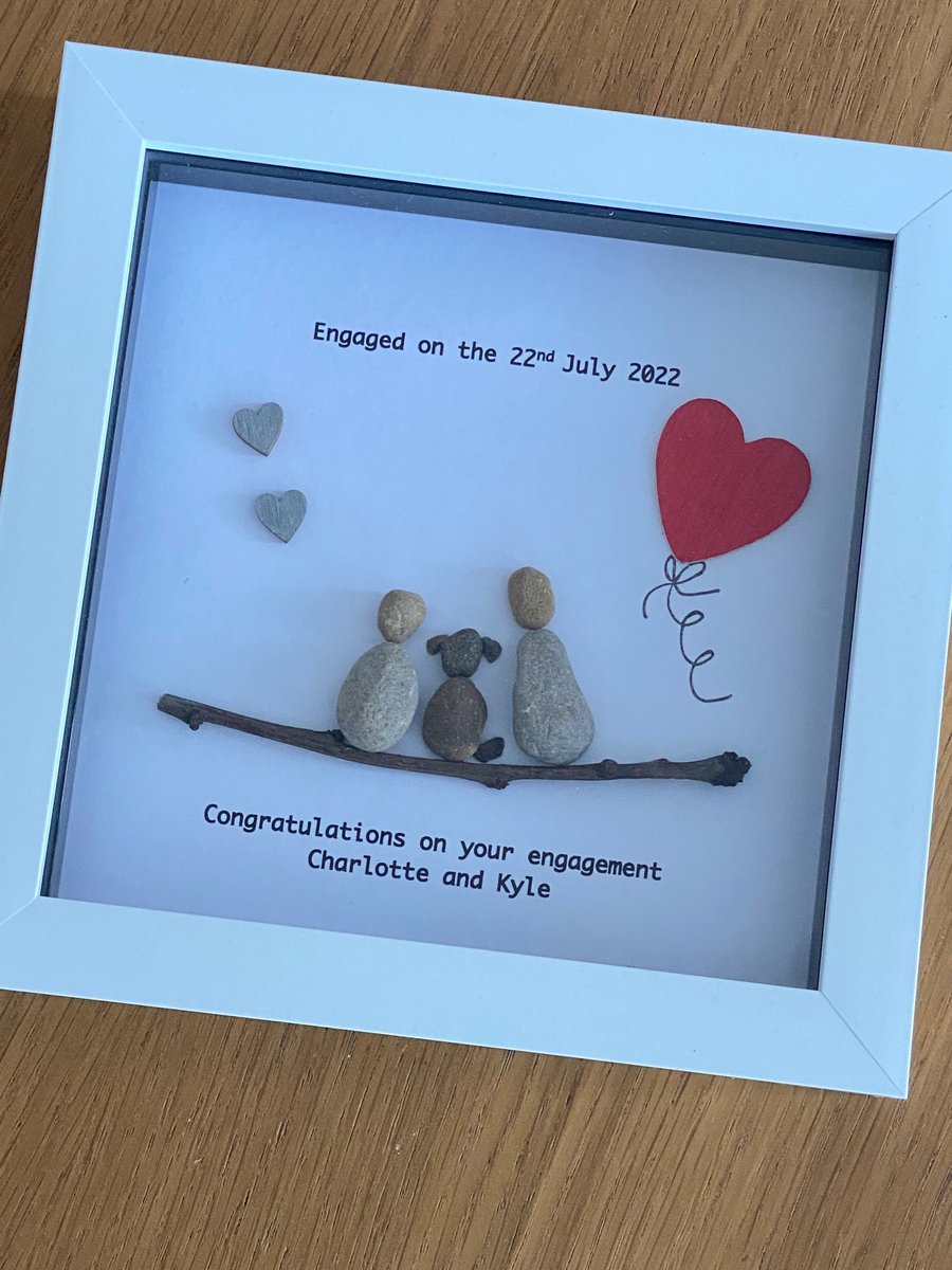 Engagement Pebble Frame, Personalised Engagement Gift, Engaged Couple with Dog F