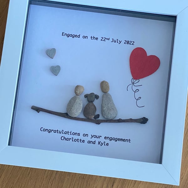 Engagement Pebble Frame, Personalised Engagement Gift, Engaged Couple with Dog F