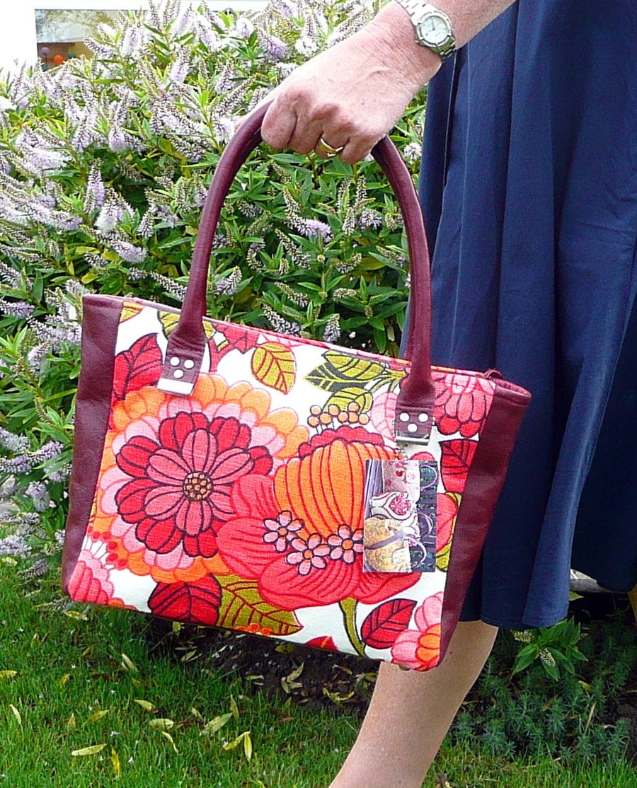 Red and pink floral handbag, vintage bark cloth & red leather bag, zip top 