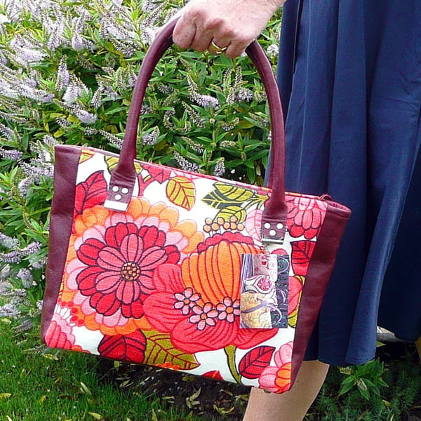 Red and pink floral handbag, vintage bark cloth & red leather bag, zip top 