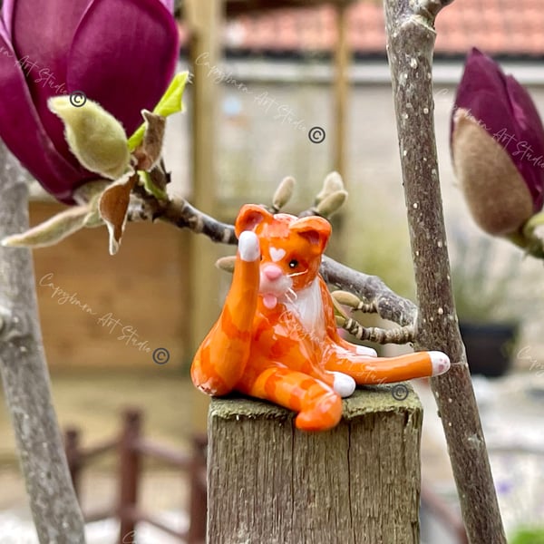 Miniature Clay Grooming Cat Collectable Sculpture, Made to Order, Sale now on!