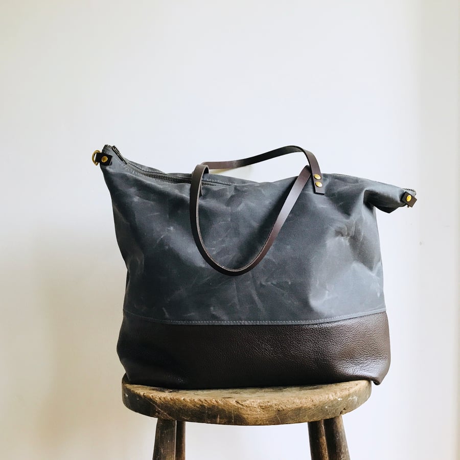  Grey waxed canvas and leather work tote bag. Ideal overnight flight bag 