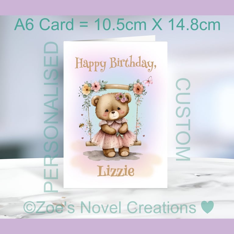 Birthday Bear on a Swing Greetings Card, personalised, 10.5cm x 14.8cm