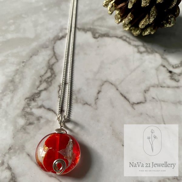 Red lampwork glass wire wrapped bead pendant- REF: RLWGW-110921