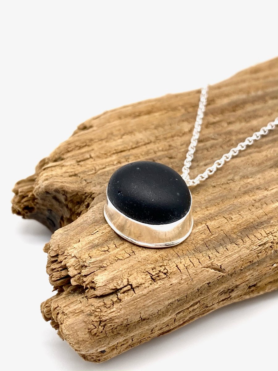 Black Sea Glass and Sterling Silver Necklace