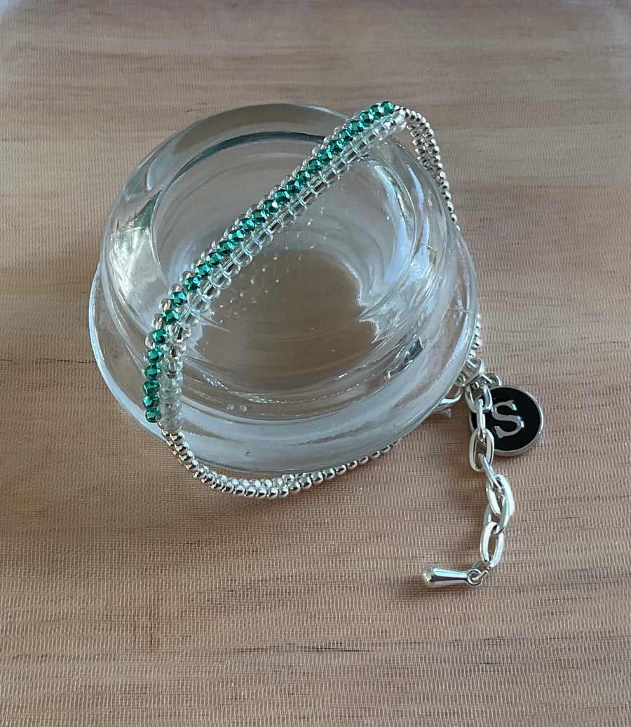 Aquamarine March Birthday Beaded Bracelet Personalised with Initial Charm