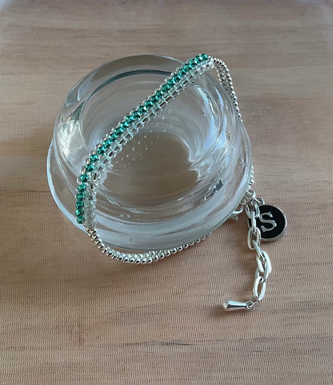 Aquamarine March Birthday Beaded Bracelet Personalised with Initial Charm