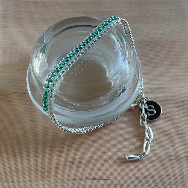 Aquamarine March Birthday Beaded Bracelet Personalised with Initial Charm