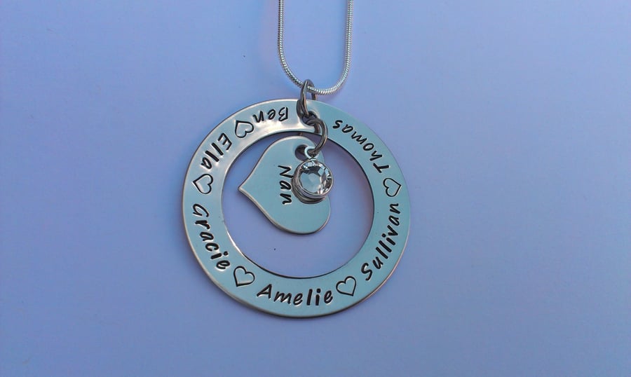 Hand Stamped personalised circle grandchildren children name birthdate necklace