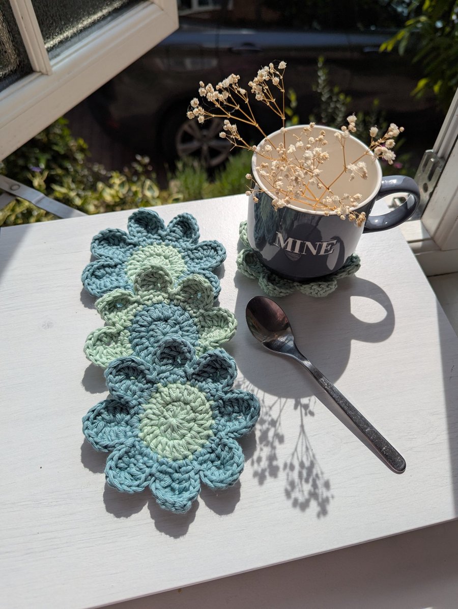Crochet Coasters - Sage Green & Dusty Blue  flowers 