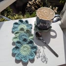 Crochet Coasters - Sage Green & Dusty Blue  flowers 