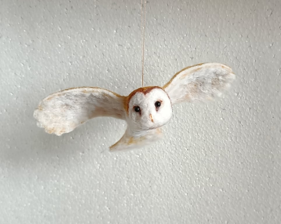 Owls in flight, Barn owl style, individually needle felted sculptures 