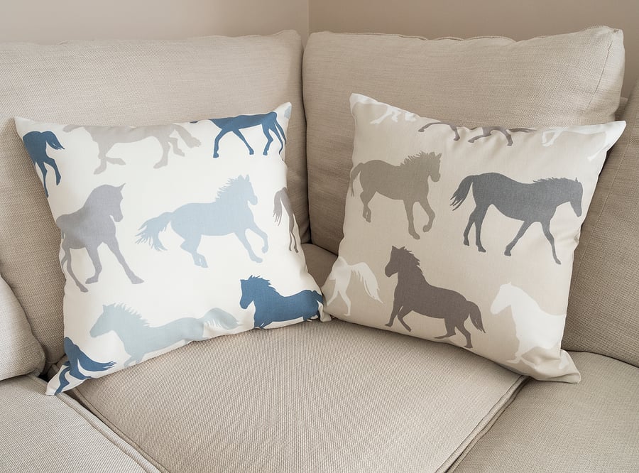 Horses Cushion Cover 18" inch Neutral Beige Grey Blue Gift for horse lovers
