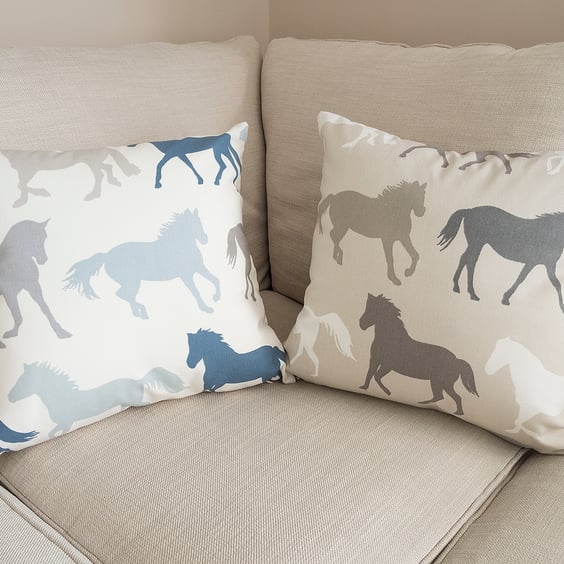 Horses Cushion Cover 18" inch Neutral Beige Grey Blue Gift for horse lovers