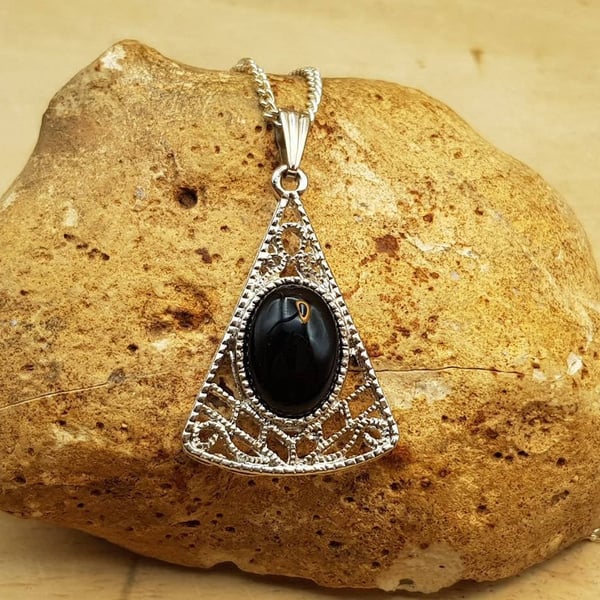 Filigree Triangle Black Onyx Pendant necklace. December Birthstone