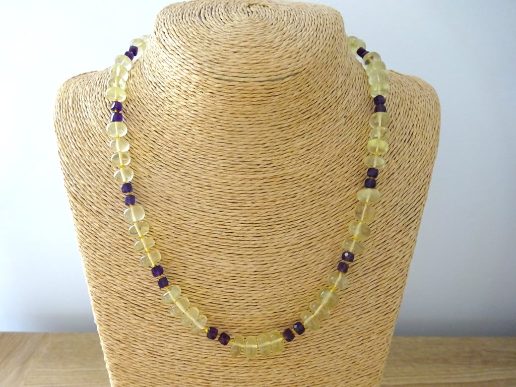 Lemon Quartz and Amethyst knotted necklace
