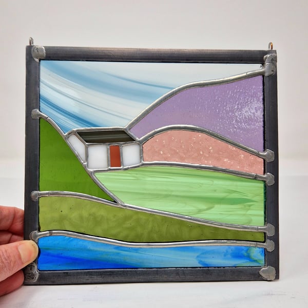 Stained glass Scottish mountain bothy landscape... Folksy