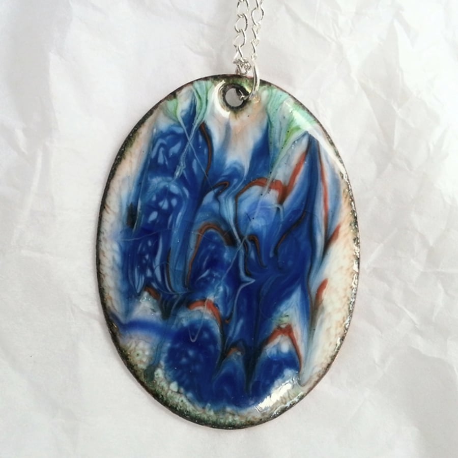pendant - large oval scrolled blue and orange over white