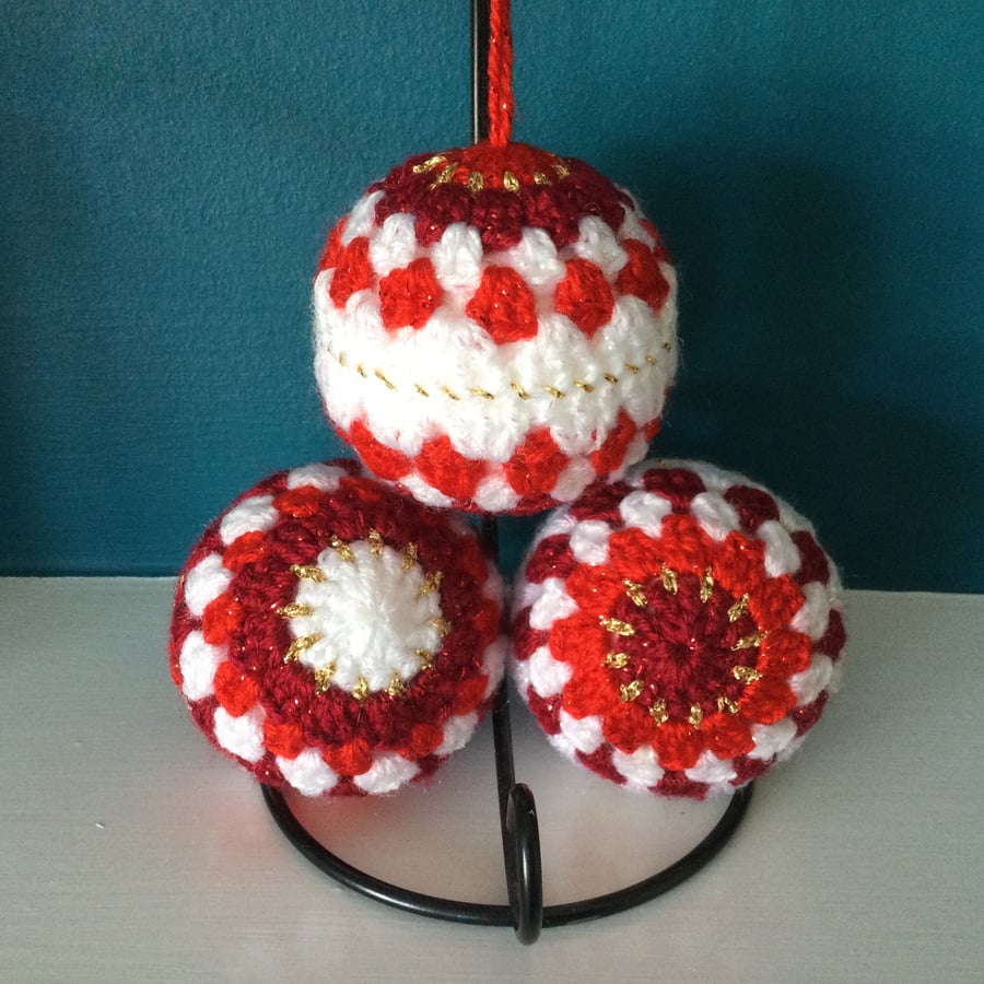 Crochet Christmas Tree Bauble Decorations Set of 3 in Sparkly Yarn 