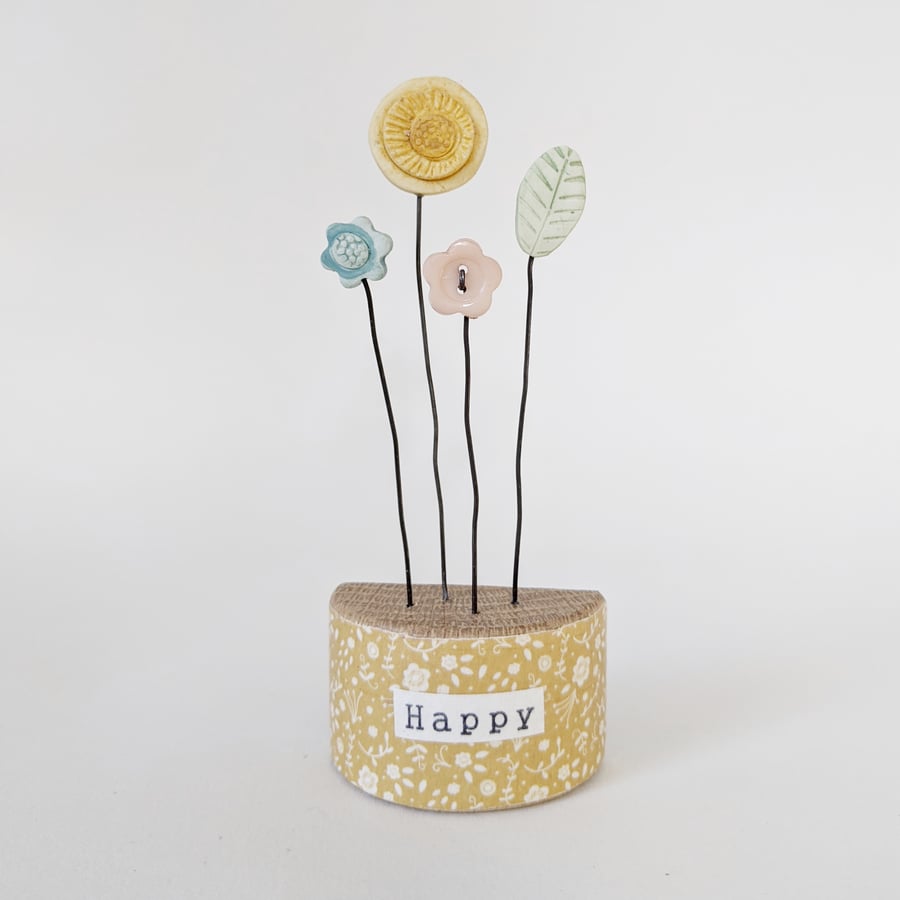 Clay and Button Flower Garden in a Floral Wood Block 'Happy'