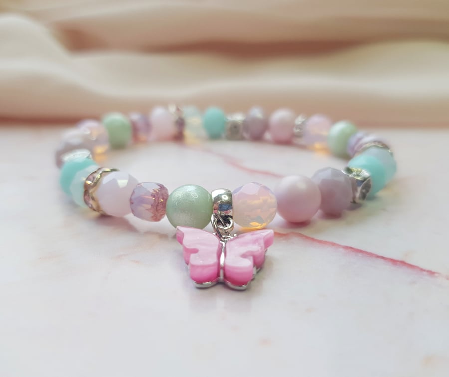 Pink Glitter Butterfly Pastel Mix Elasticated Beaded Bracelet