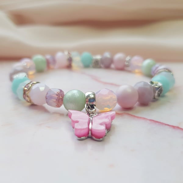 Pink Glitter Butterfly Pastel Mix Elasticated Beaded Bracelet