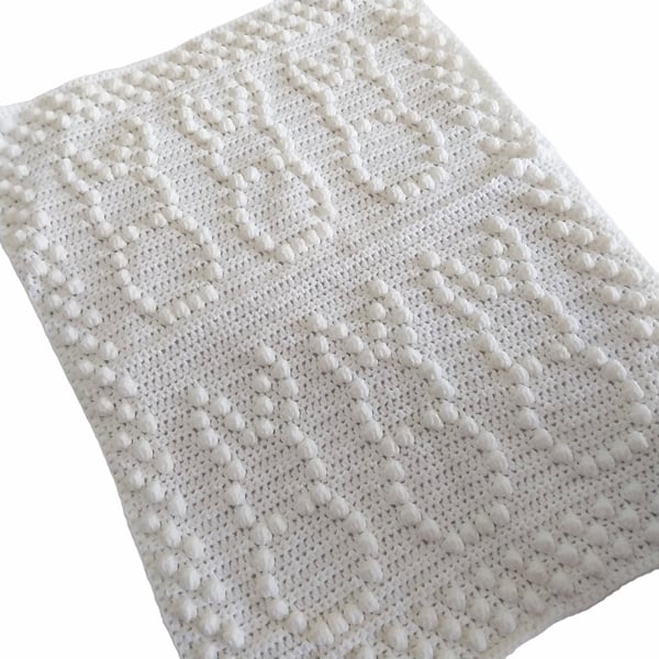 White Crocheted Baby Blanket with Bunny Detail, Baby Shower Gift, New Baby Gift