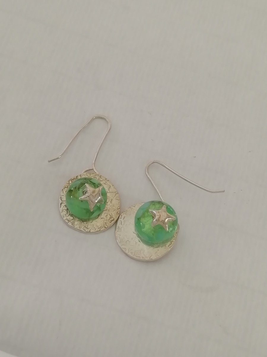 Handmade Green Glass Bead Earrings Backed by a Silver Disc