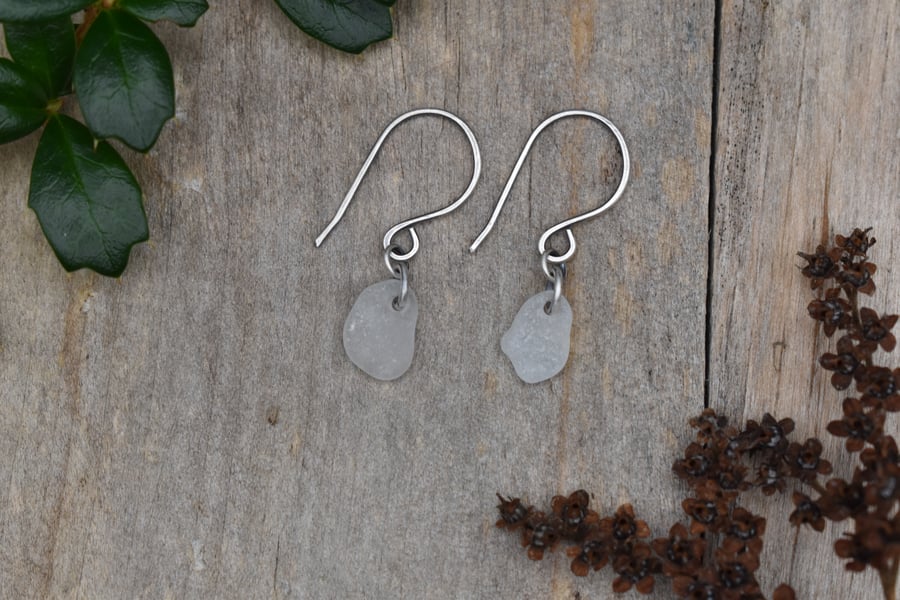 Scottish Sea Glass and Recycled Sterling Silver Everyday Earrings, Frosted White