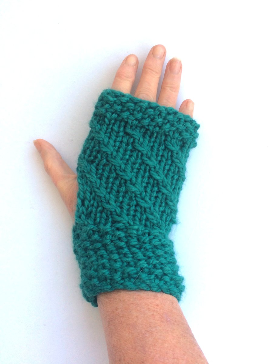 Teal blue hand knit fingerless gloves