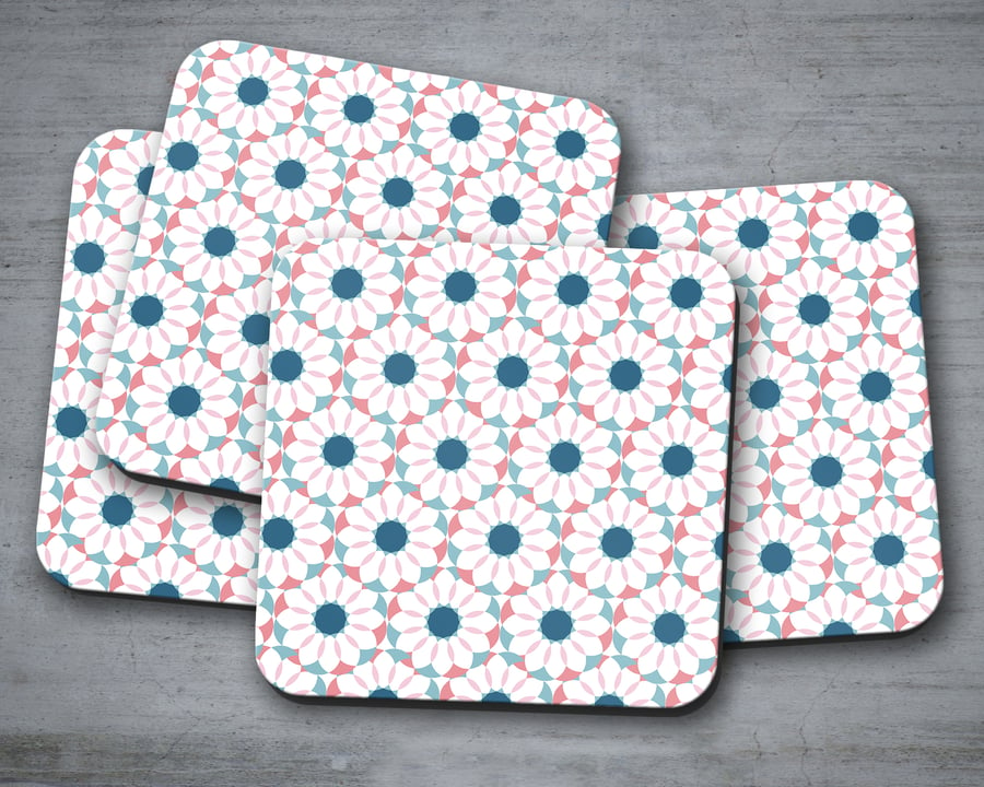Set of 4 White Coasters with a Pink and Blue Geometric Floral Design, Drinks Mat