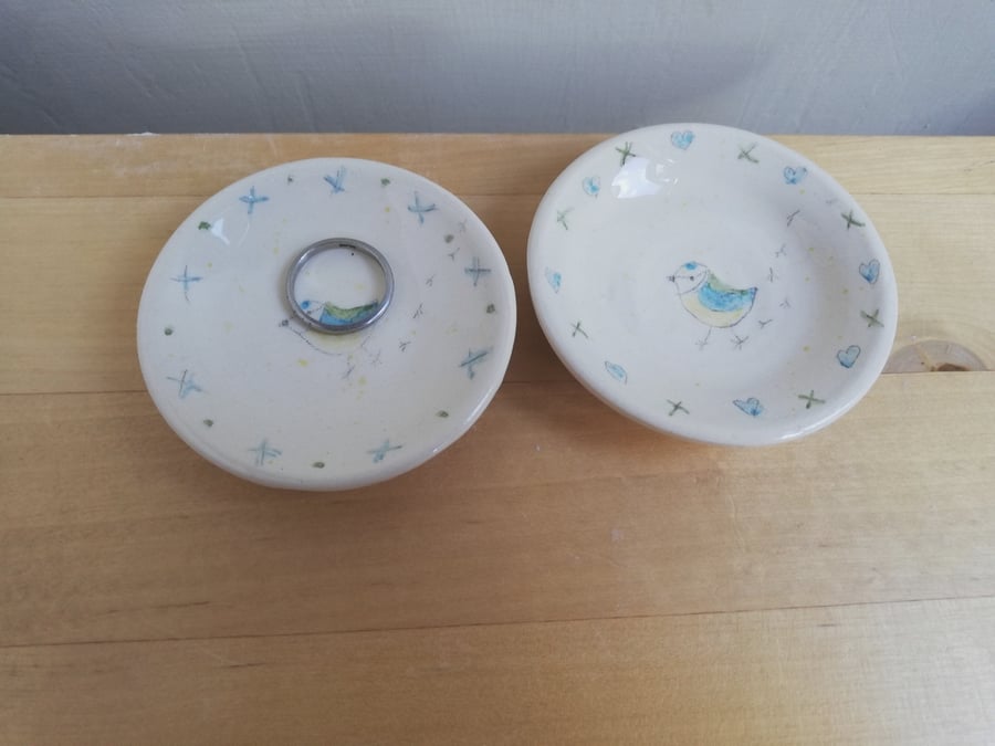 Ceramic blue tit ring trinket dish with bird prints SALE