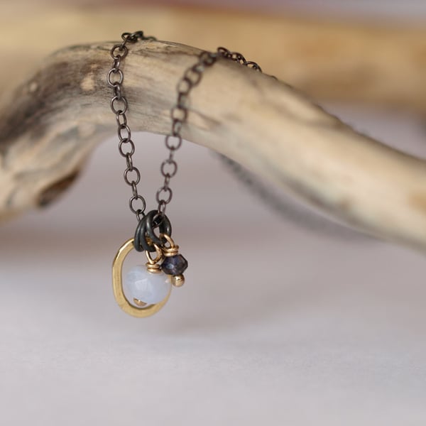 Black and Gold Oval Pendant with Iolite and Lace Agate - Dainty Handmade Pendant
