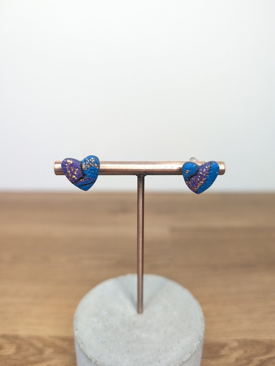 Purple patchwork heart studs 