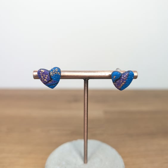 Purple patchwork heart studs 