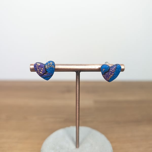 Purple patchwork heart studs 