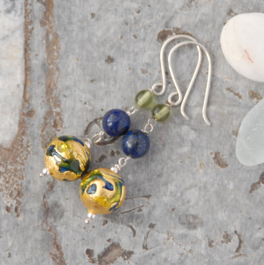 Gold foiled murano bead, lapis and peridot drop sterling silver earrings