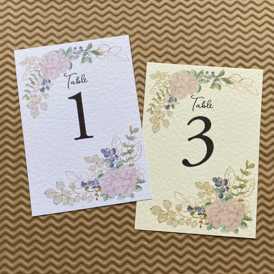 Blush pink roses blueberries eucalyptus TABLE NUMBERS wedding foliage card