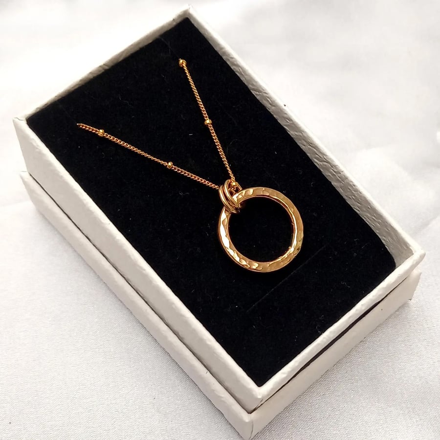 14ct Gold Filled Circle Pendant Necklace, Hammered Textured Gold Pendant