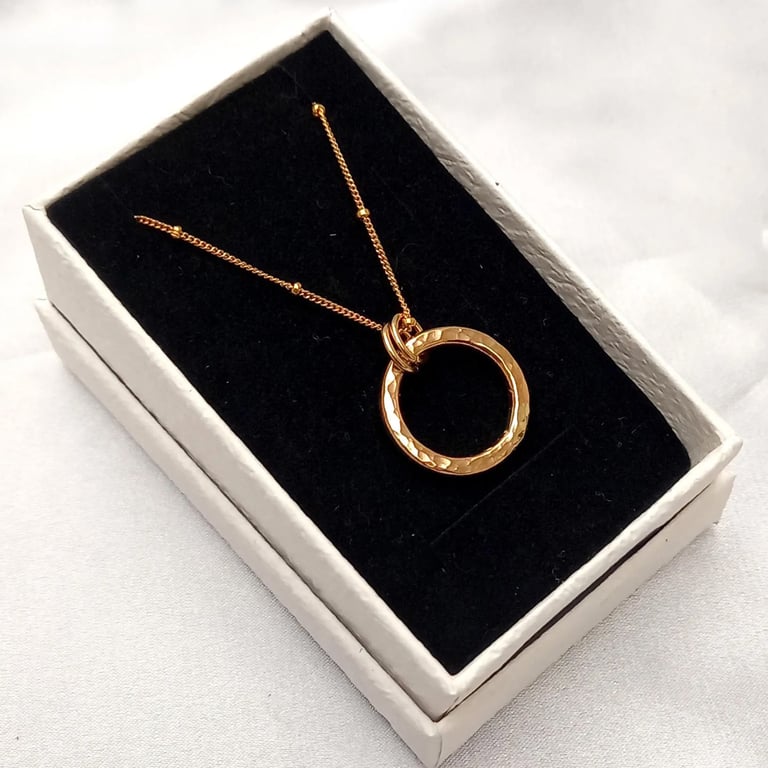 14ct Gold Filled Circle Pendant Necklace, Hammered Textured Gold Pendant