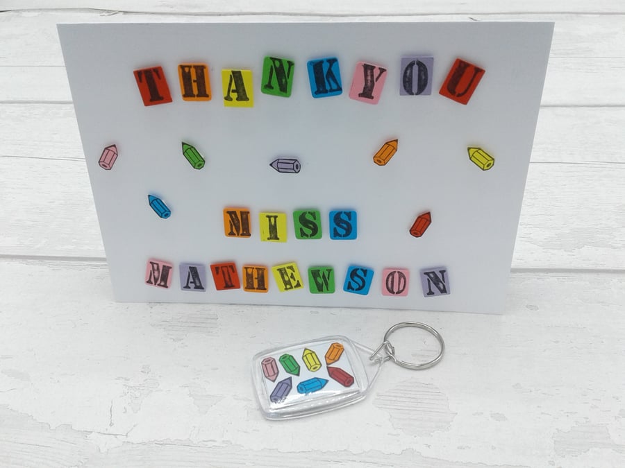 Teacher thank you card and gift. Personalised card and personalised key ring.