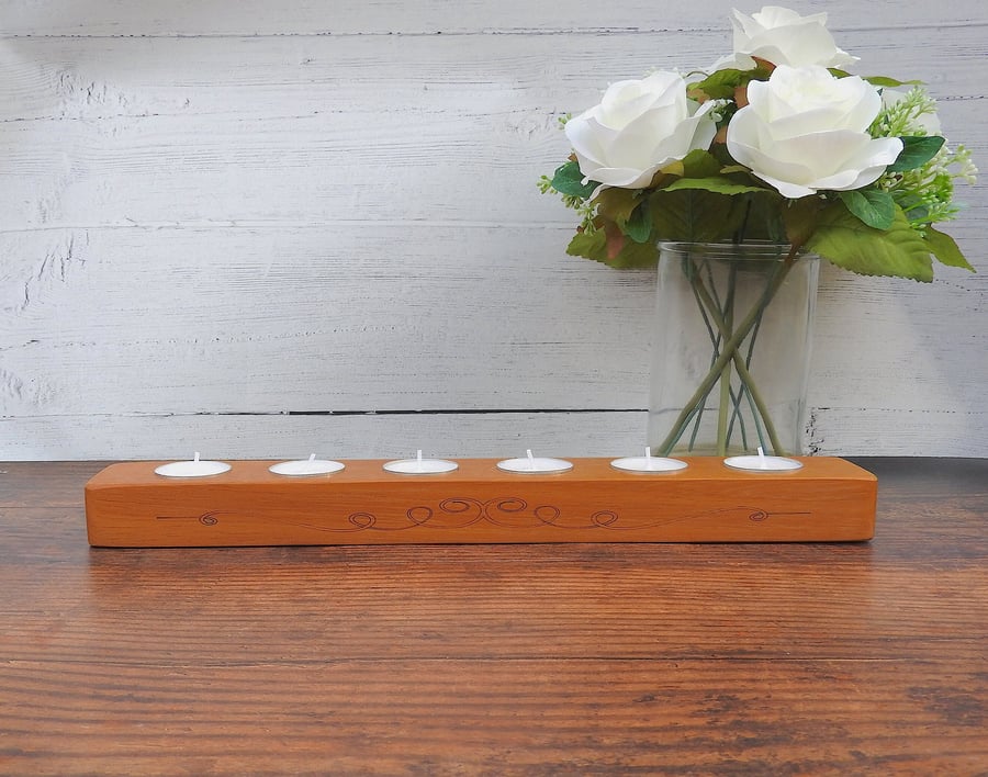 Large Wood Six Tea Light Candle Holder, Sapele Wood