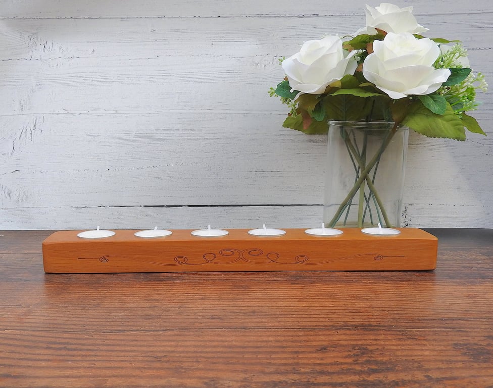 Large Wood Six Tea Light Candle Holder, Sapele Wood