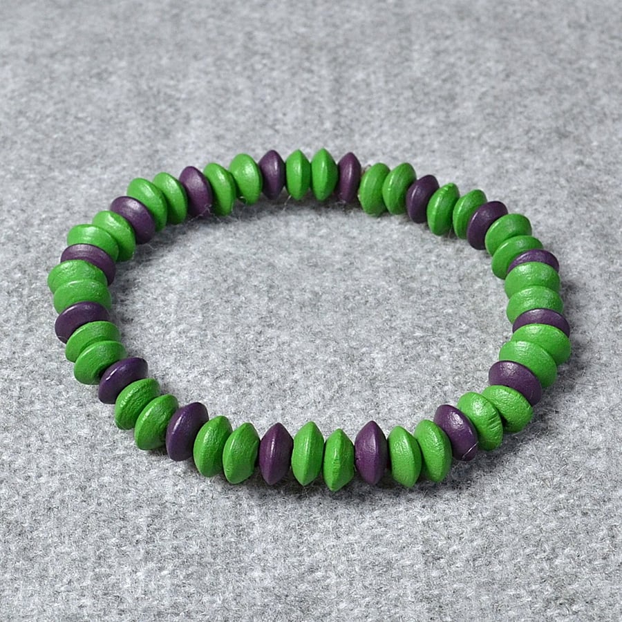 Green and Purple Wooden Rondelle Elastic Bracelet