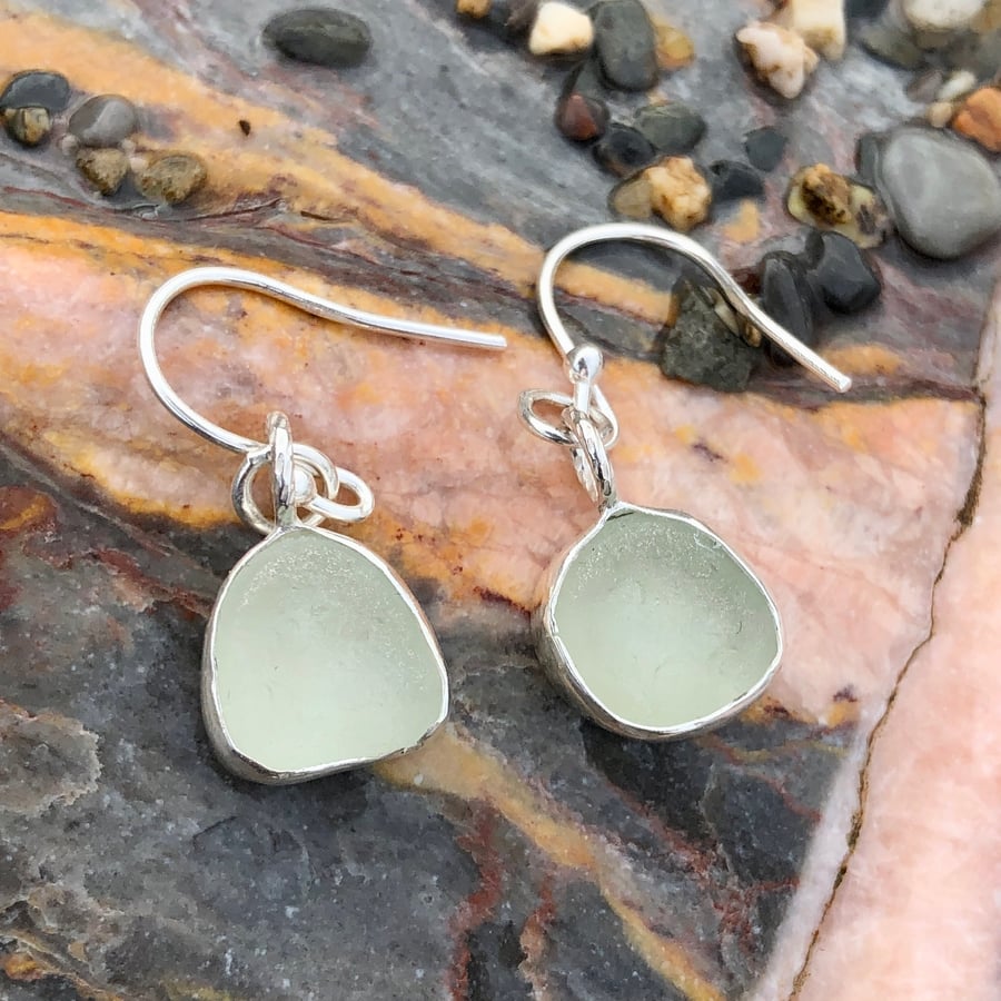 Frosty White Sea Glass  and Sterling Silver Drop Earrings - 1233
