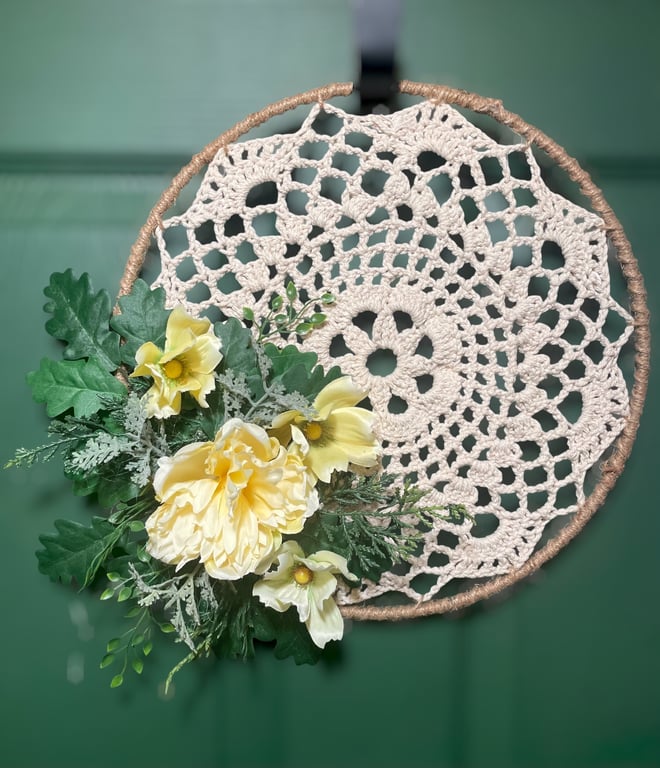 Hand-Crocheted Lace Wreath – 30cm Cream Doily with Summer Yellow Florals