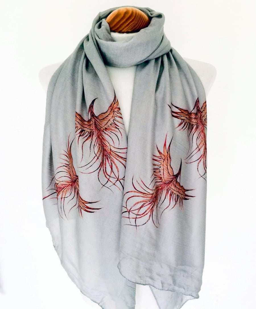 Phoenix Bird Scarf Spiritual Gift. Boho Fashion. Grey. Lightweight